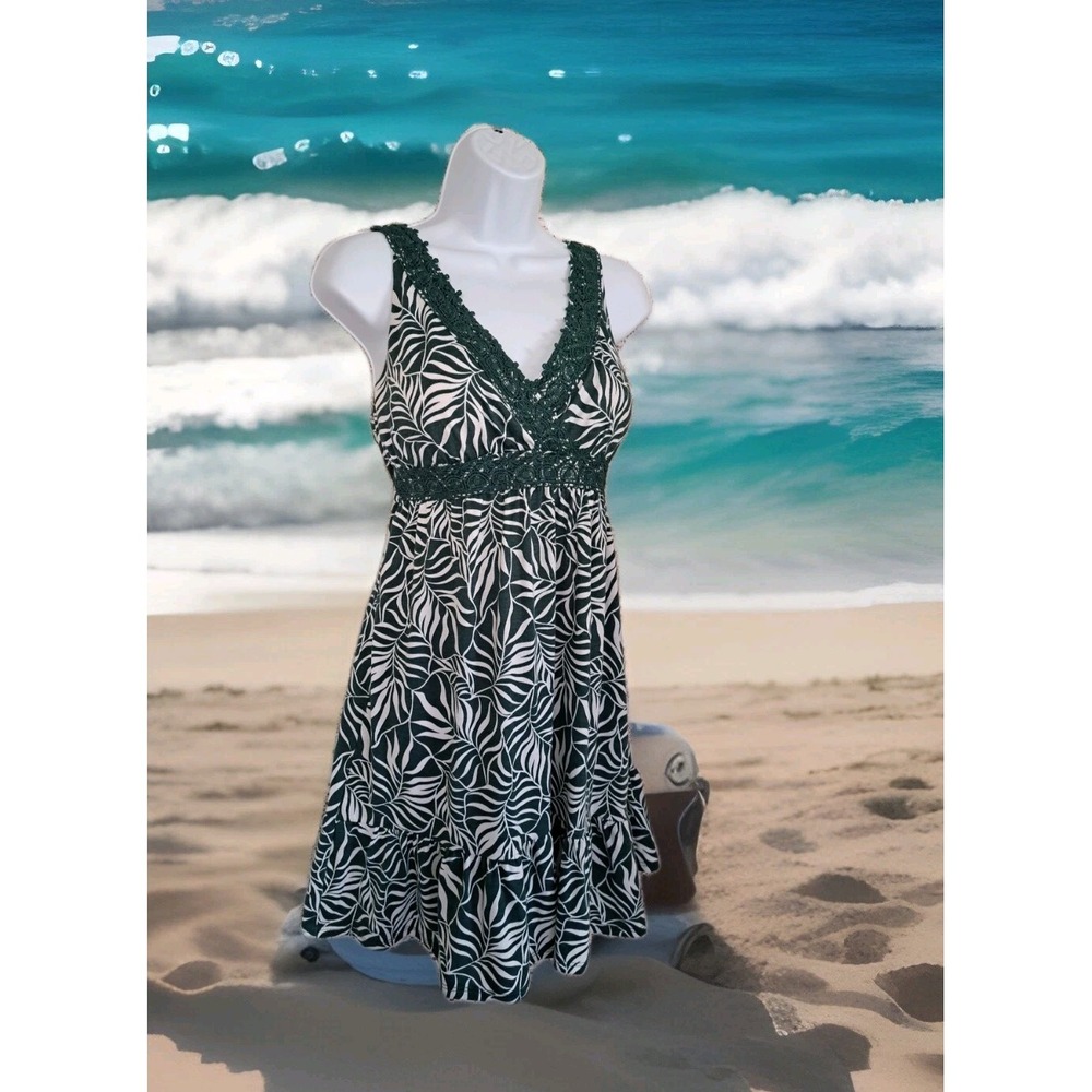 Harlow & Rose Sundress S Green Botanical Print Empire Waist Crochet Trim Beachy‎